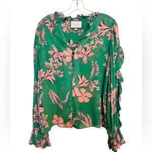 Alexis Green Pink Floral Ruffle Blouse Long Sleeve Sheer Button Down Top Size S